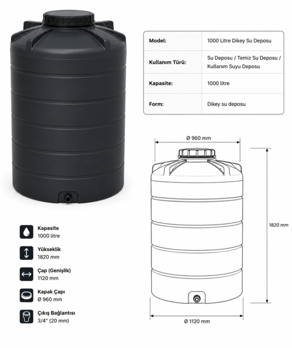 1000 Litre Dikey Su Deposu